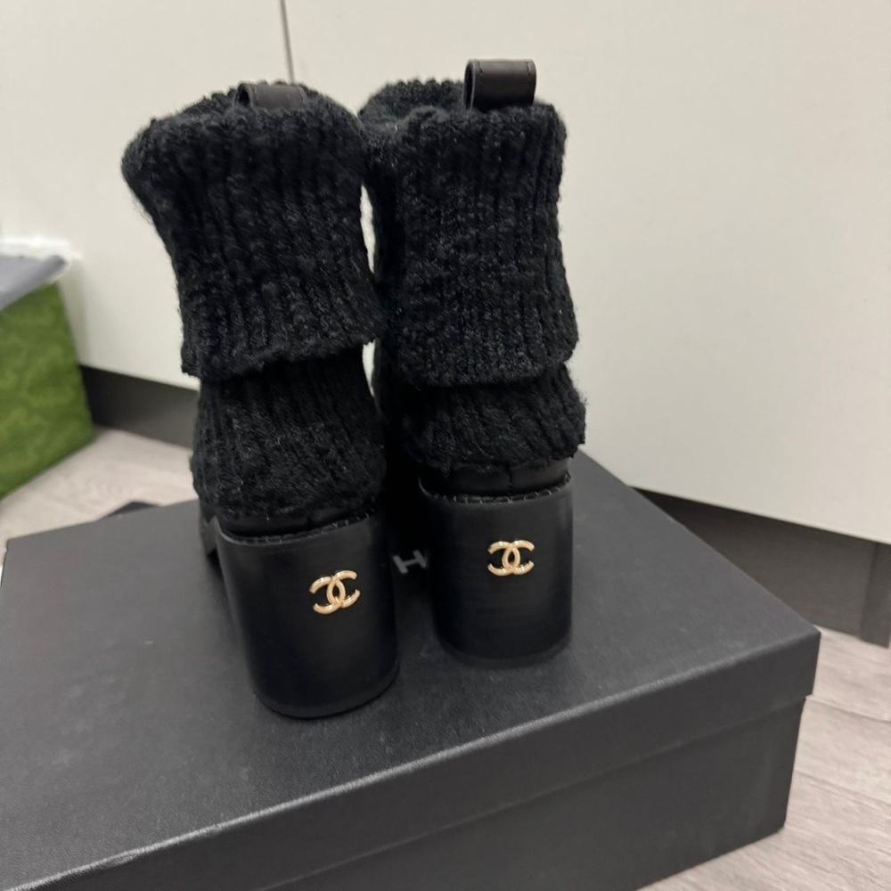 CHANEL Black Knit Ankle Boots with Gold Logo